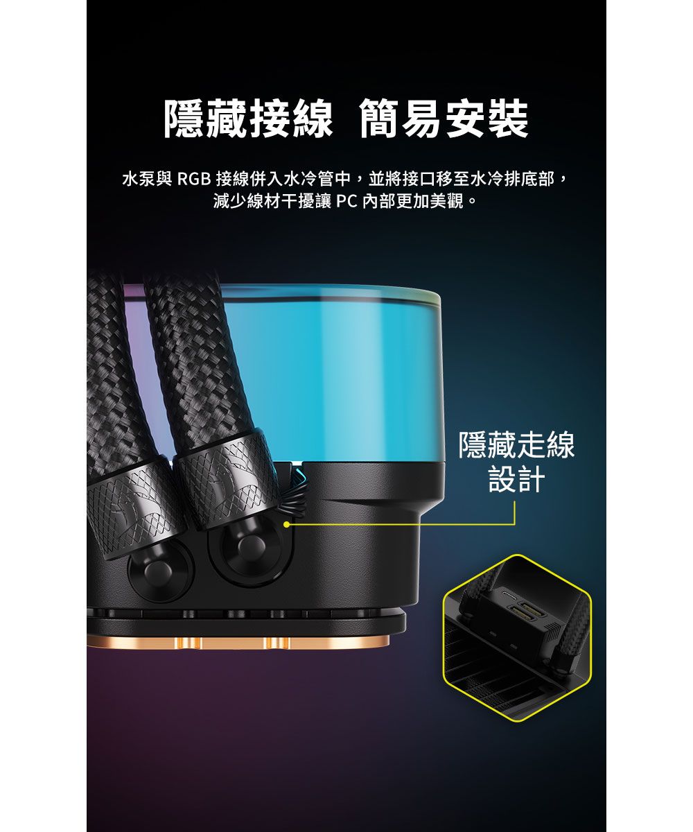 隱藏接線 簡易安裝水泵與 RGB接線併入水冷管中,並將接口移至水冷排底部,減少線材干擾讓 PC內部更加美觀。隱藏走線設計