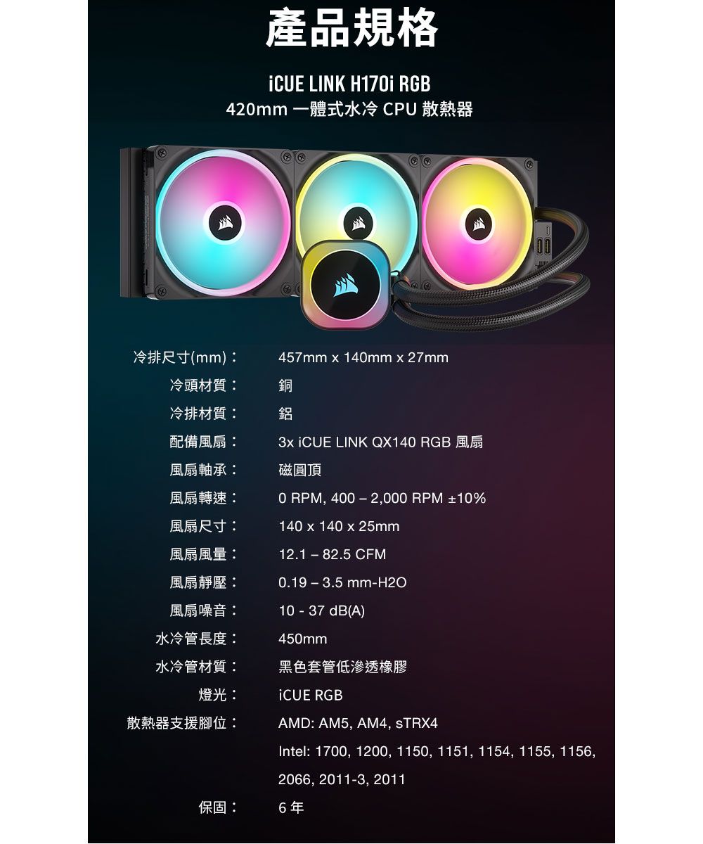 產品規格 LINK H17i RGB420mm 一體式水冷 CPU 散熱器冷排尺寸(mm)457mm x 140mm x 27mm冷頭材質冷排材質配備風扇風扇軸承:風扇轉速:風扇尺寸:風扇風量:風扇靜壓:風扇噪音:水冷管長度:水冷管材質:銅鋁3x  LINK QX140 RGB 風扇磁圓頂0 RPM, 400-2,000RPM ±10%140x140 x 25mm12.1-82.5 CFM0.19-3.5mm-H2O10 - 37dB(A)450mm黑色套管低滲透橡膠燈光:iCUE RGB散熱器支援腳位:AMD: AM5, AM4, STRX4Intel: 1700, 1200, 1150, 1151, 1154, 1155, 1156,2066, 2011-3, 2011保固:6年