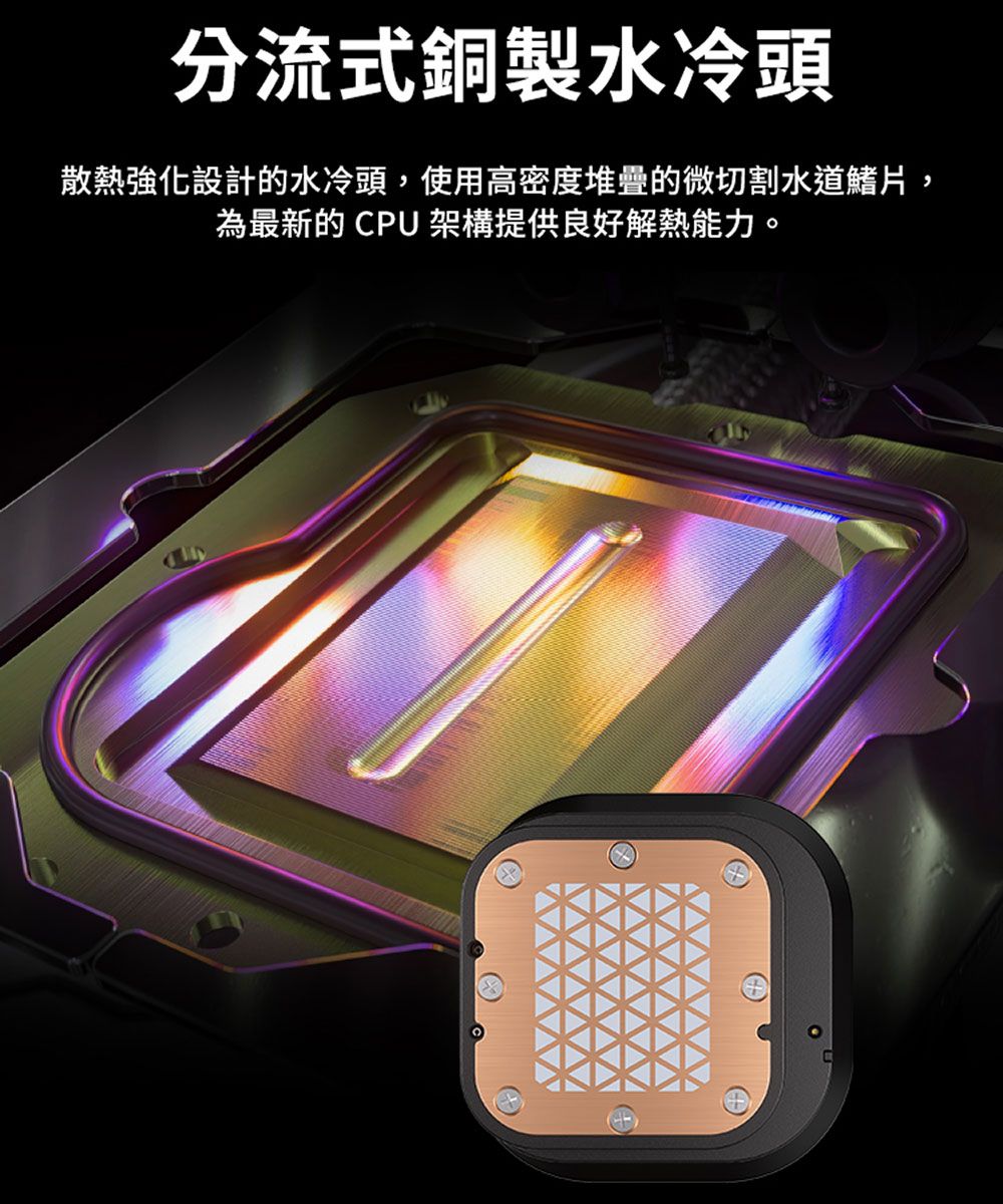分流式銅製水冷頭散熱強化設計的水冷頭,使用高密度堆疊的微切割水道鰭片,為最新的CPU架構提供良好解熱能力。