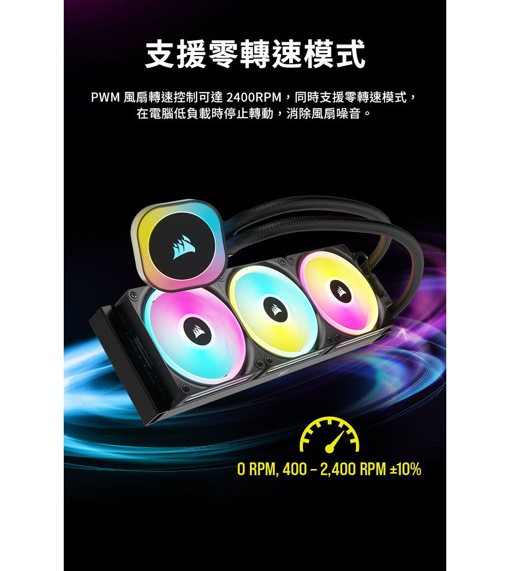 支援零轉速模式PWM 風扇轉速控制可達240RPM,同時支援零轉速模式,在電腦低負載時停止轉動,消除風扇噪音。0 RPM,400-2,400 RPM ±10%