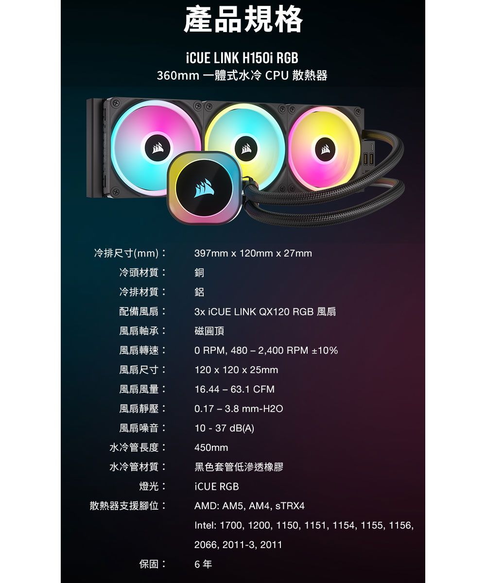 產品規格CUE LINK H15i RGB360mm 一體式水冷 CPU 散熱器冷排尺寸(mm)397mm x 120mmx27mm冷頭材質:冷排材質:配備風扇:風扇軸承:銅鋁  LINK QX120 RGB 風扇磁圓頂風扇轉速:0 RPM,480-2,400 RPM ±10%風扇尺寸:風扇風量:風扇靜壓:風扇噪音:水冷管長度:水冷管材質:120 x 120 x 25mm16.44-63.1 CFM0.17-3.8mm-H2O10 - 37 dB(A)450mm黑色套管低滲透橡膠燈光:iCUE RGB散熱器支援腳位:AMD: AM5, AM4, STRX4Intel: 1700, 1200, 1150, 1151, 1154, 1155, 1156,2066, 2011-3, 2011保固:6年