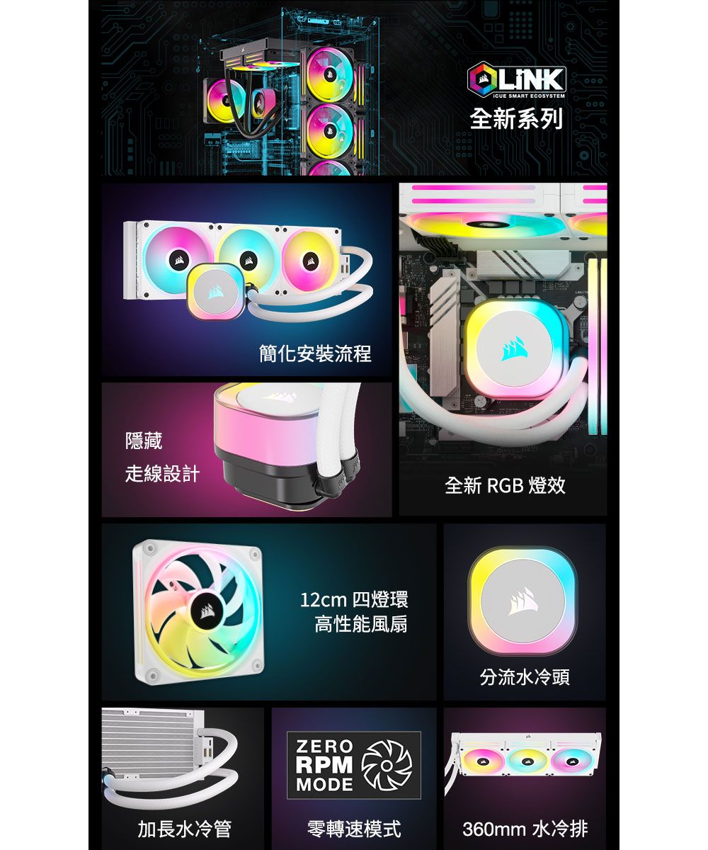 隱藏走線設計簡化安裝流程12cm 四燈環高性能風扇ZERORPMMODE SMART ECOSYSTEM全新系列000全新 RGB 燈效分流水冷頭加長水冷管零轉速模式360mm 水冷排