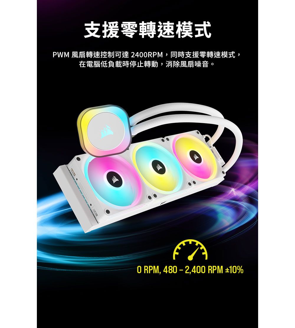 支援零轉速模式PWM 風扇轉速控制可達240,同時支援零轉速模式,在電腦低負載時停止轉動,消除風扇噪音。0RPM,480-2,400 RPM ±10%