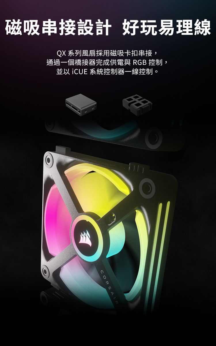 磁吸串接設計 好玩易理線QX 系列風扇採用磁吸卡扣串接,通過一個橋接器完成供電與 RGB 控制,並以  系統控制器一線控制。CORSAIR