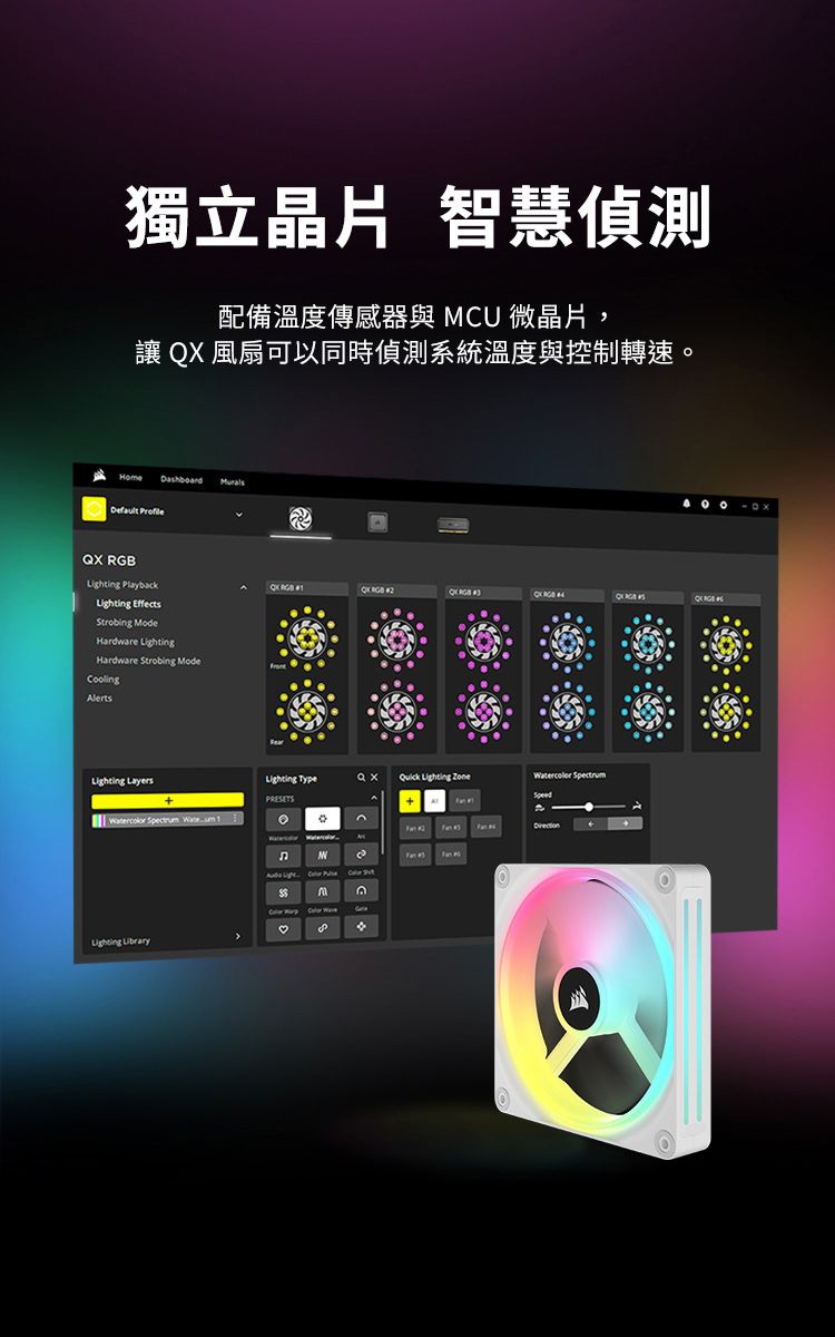 獨立晶片 智慧偵測配備溫度傳感器與 MCU 微晶片,讓 QX 風扇可以同時偵測系統溫度與控制轉速。 DashboardDefault ProfileQX  Playback EffectsStrobing ModeHardware ingHardware Strobing ModeCoolinglertsLighting Layers     1 RGBLighting  Lighting   Light  Lighting LibraryA