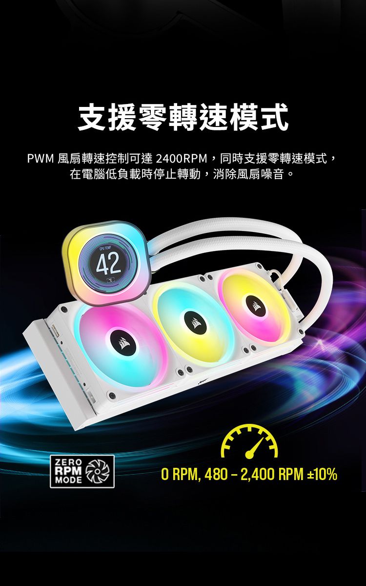 支援零轉速模式PWM 風扇轉速控制可達240,同時支援零轉速模式,在電腦低負載時停止轉動,消除風扇噪音。ZERORPMMODE TEMP420RPM,480-2,400 RPM ±10%
