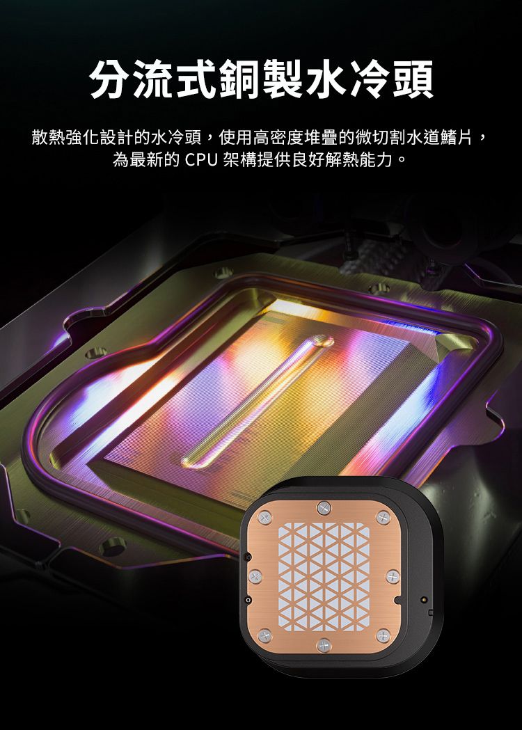 分流式銅製水冷頭散熱強化設計的水冷頭,使用高密度堆疊的微切割水道鰭片,為最新的 CPU架構提供良好解熱能力。