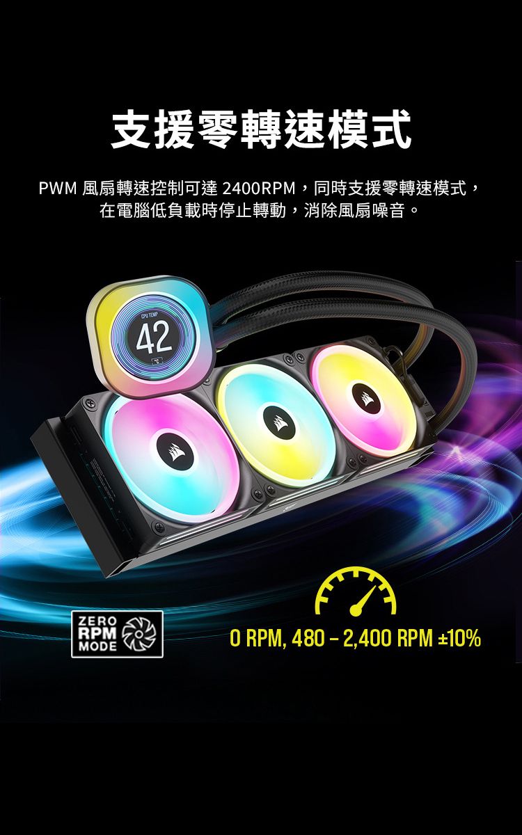 支援零轉速模式PWM 風扇轉速控制可達240,同時支援零轉速模式,在電腦低負載時停止轉動,消除風扇噪音。 TEMP42ZERORPMMODE0RPM,480-2,400 RPM ±10%