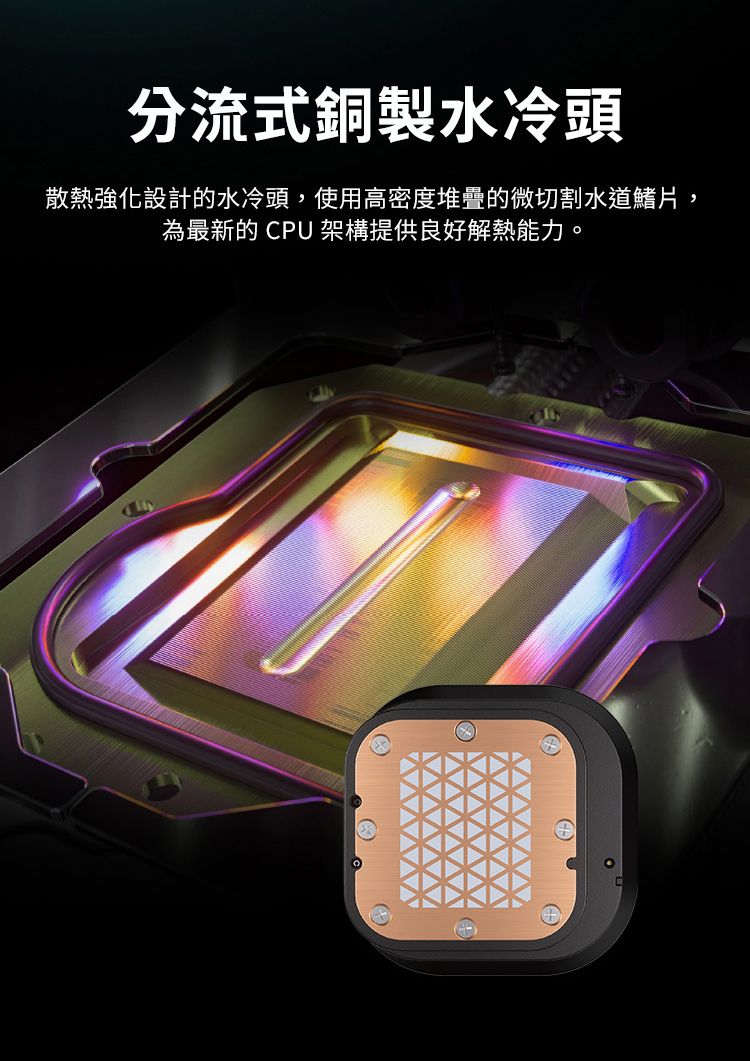 分流式銅製水冷頭散熱強化設計的水冷頭,使用高密度堆疊的微切割水道鰭片,為最新的CPU架構提供良好解熱能力。