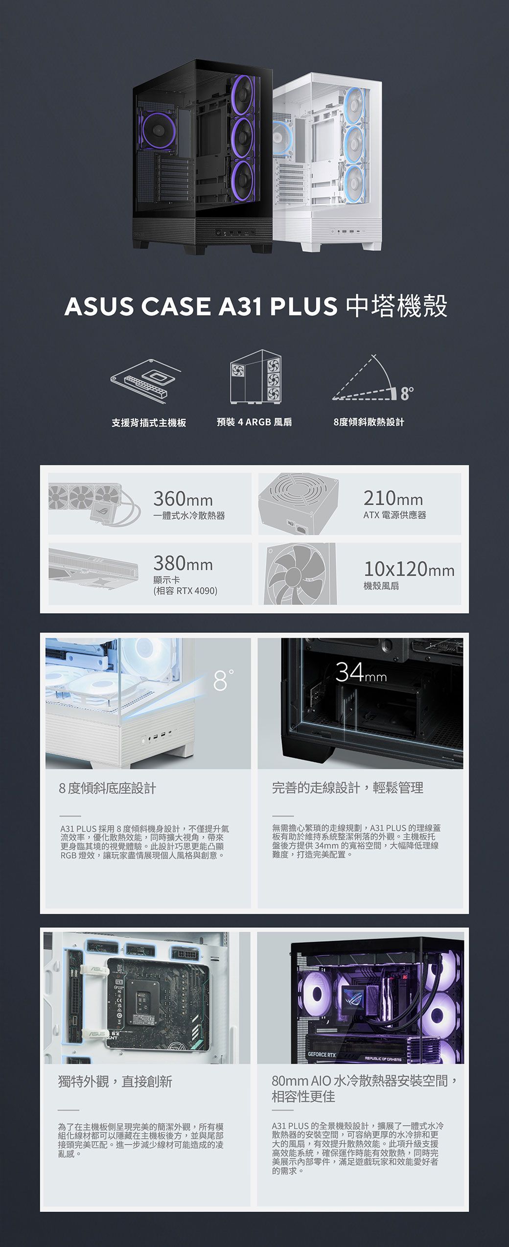 ASUS CASE A31 PLUS 中塔機殼支援背插式主機板預裝 4 ARGB 風扇8度傾斜散熱設計360mm一體式水冷散熱器380mm8度傾斜底座設計8210mmATX 電源供應器10x120mm顯示卡機殼風扇(相容 RTX 4090)34mm完善的走線設計,輕鬆管理A31 PLUS 採用8度傾斜機身設計,不僅提升氣流效率,優化散熱效能,同時擴大視角,更身臨其境的視覺體驗。此設計巧思更能凸顯RGB 燈效,讓玩家盡情展現個人風格與創意。無需擔心繁瑣的走線規劃,A31 PLUS 的理線蓋板有助於維持系統整潔俐落的外觀。主機板托盤後方提供34mm的空間,大幅降低理線難度,打造完美配置。GEFORCE RTX OF 獨特外觀,直接創新為了在主機板側呈現完美的簡潔外觀,所有模組化線材都可以隱藏在主機板後方,並與尾部接頭完美匹配。進一步減少線材可能造成的凌亂感。80mm AIO 水冷散熱器安裝空間,相容性更佳A31 PLUS 的全景機殼設計,擴展了一體式水冷散熱器的安裝空間,可容納更厚的水冷排和更大的風扇,有效提升散熱效能。此項升級支援高效能系統,確保運作時能有效散熱,同時完美展示內部零件,滿足遊戲玩家和效能愛好者的需求。