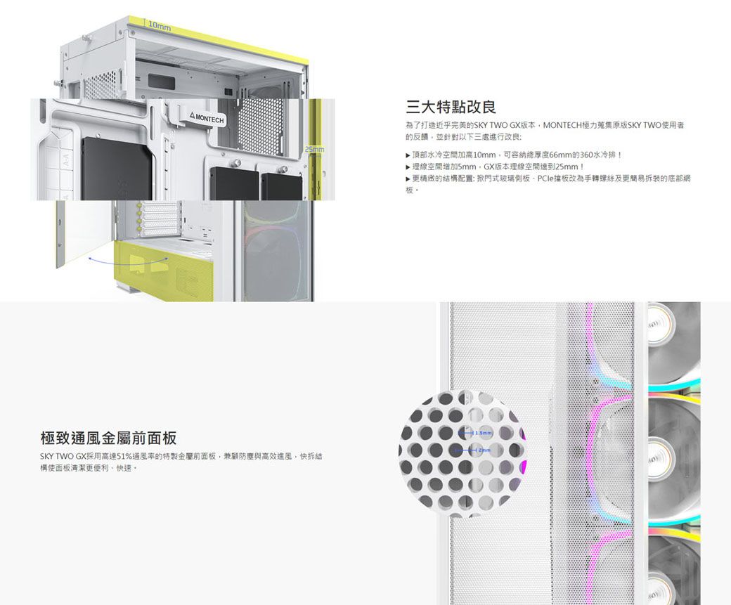 10mmAMONTECH三大特點為了打造近乎完美的SKY TWO GX版本MONTECH極力蒐集SKY TWO使用者的反饋並針對以下三處進行改良頂部水冷空間加高10mm,可容納總厚度66mm的360水冷排!▶ 理線空間增加5mm,GX版本理線空間達到25mm!▶更精緻的結構配置:掀門式玻璃側板PCle擋板改為手轉螺絲及更簡易拆裝的底部網板極致通風金屬前面板SKY TWO GX採用高達51%通風率的特製金屬前面板,兼顧防塵與高效進風,快拆結構使面板清潔更便利、快速。