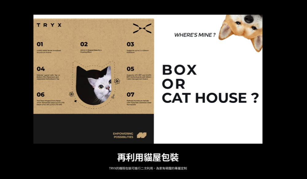 TRY01 0203X WHERES MINE?04 M06 Tempered Mesh Fan 05 with 07with BOXORCAT HOUSE?EMPOWERINGPOSSIBILITIES再利用貓屋包裝TRYX的包裝可進行二次利用,為家有萌的專屬定制