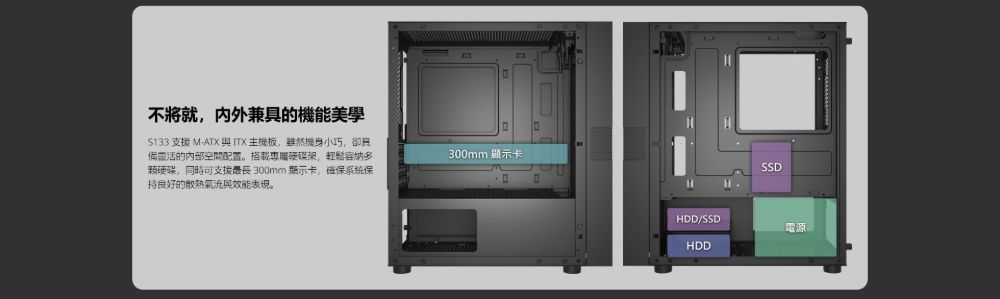 不將就内外的S133 支援 M-ATX與ITX 主機板雖然機身小巧,卻良備靈活的內部配置。搭載架,輕鬆多硬碟,同時可支援長 300mm 顯示卡,確保系統保持良好的散熱與效能表現。300mm 顯示卡SSDHDD/SSD電源HDD