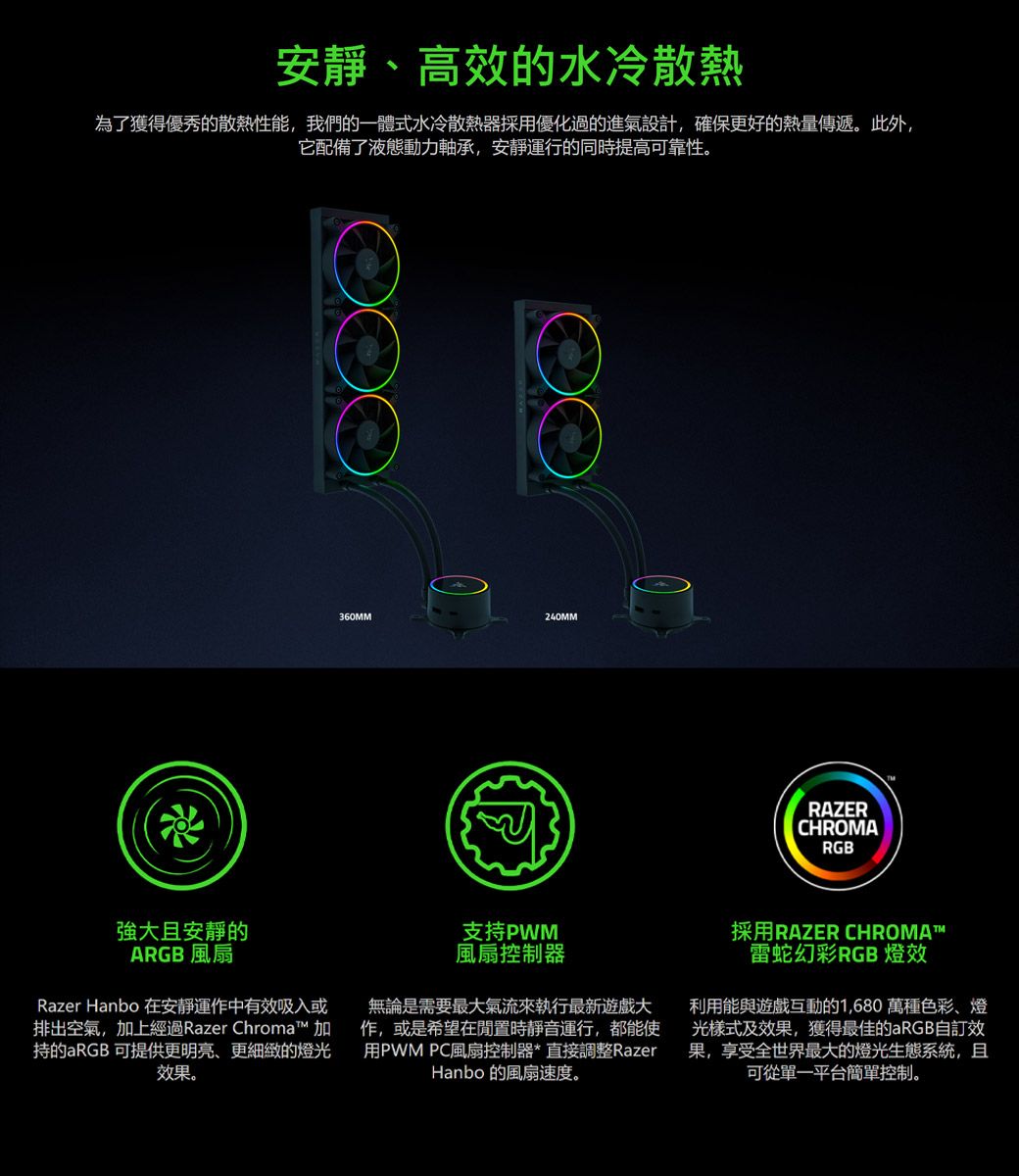 雷蛇Razer Hanbo 棍術Chroma ARGB 360 一體式CPU水冷散熱器- PChome