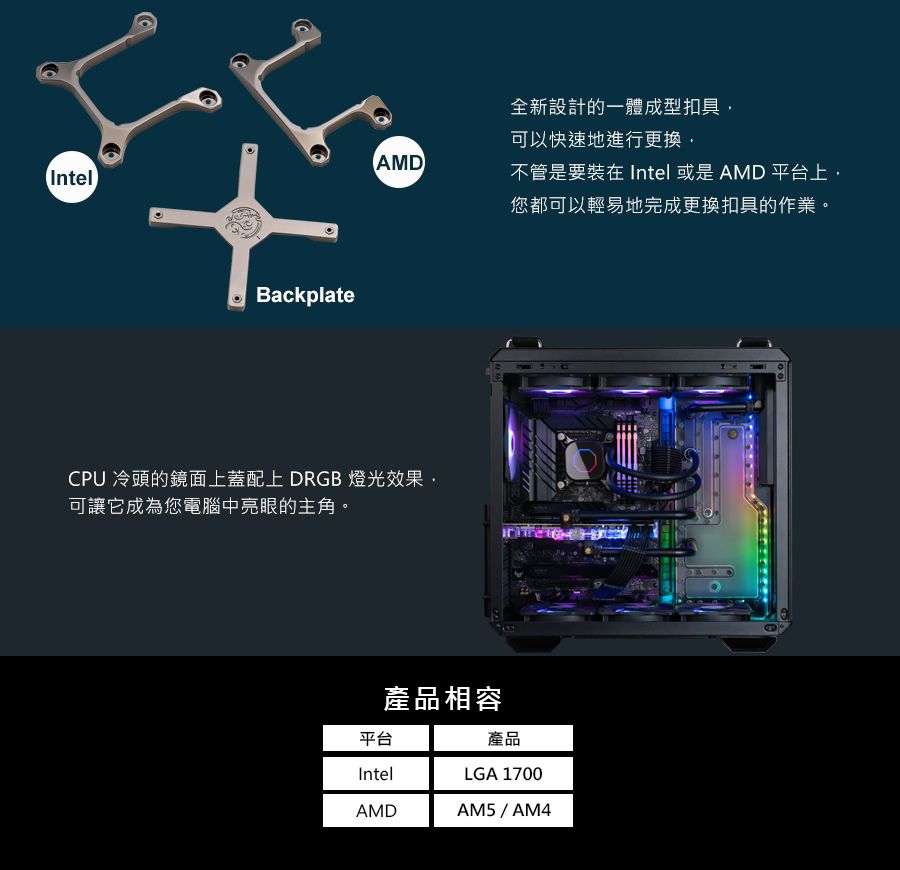 IntelBackplate全新設計的一體成型扣具可以快速地進行更換,AMD不管是要裝在 Intel 或是AMD 平台上,您都可以輕易地完成更換扣具的作業。CPU 冷頭的鏡面上蓋配上 DRGB 燈光效果,可讓它成為您電腦中亮眼的主角。產品相容平台Intel產品LGA 1700AMDAM5/AM4