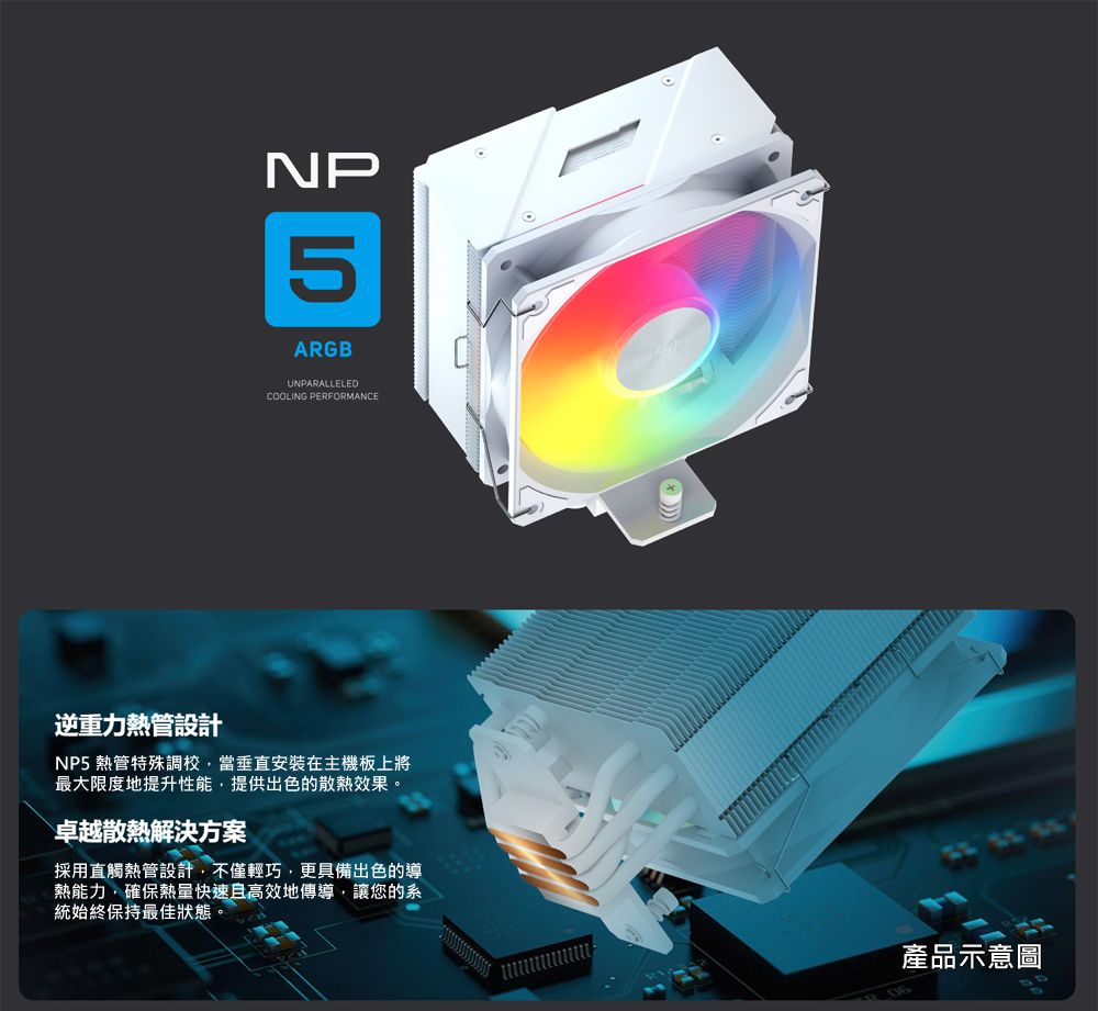 NP5ARGBUNPARALLELEDCOOLING PERFORMANCE逆重力熱管設計NP5 熱管特殊調校當垂直安装在主機板上將最大限度地提升性能,提供出色的散熱效果。卓越散熱解決方案採用直觸熱管設計,不僅輕巧,更具備出色的導熱能力,確保熱量快速且高效地傳導,讓您的系統始終保持最佳狀態。06產品示意圖