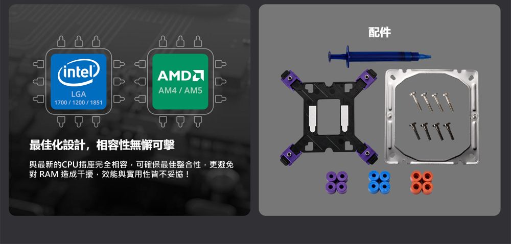 (intel)LGA1700/1200/1851凸凸AMDAM4/AM5最佳化設計相容性無懈可擊與最新的CPU插座完全相容,可確保最佳整合性,更避免 RAM 造成干擾,效能與實用性皆不妥協!配件