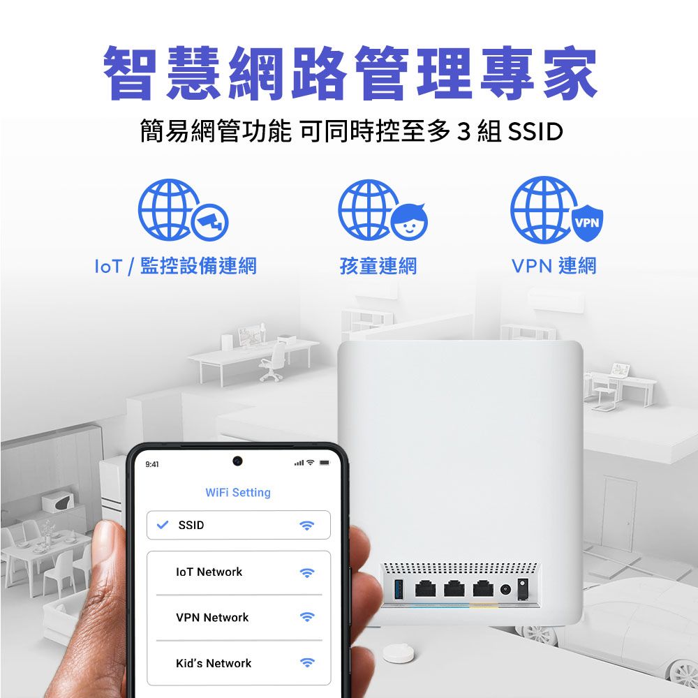 智慧網路管理專家簡易網管功能 可同時控至多3組 SSIDVPN/監控設備連網孩童連網VPN 連網9:41SSIDWiFi Setting NetworkVPN NetworkKids Network