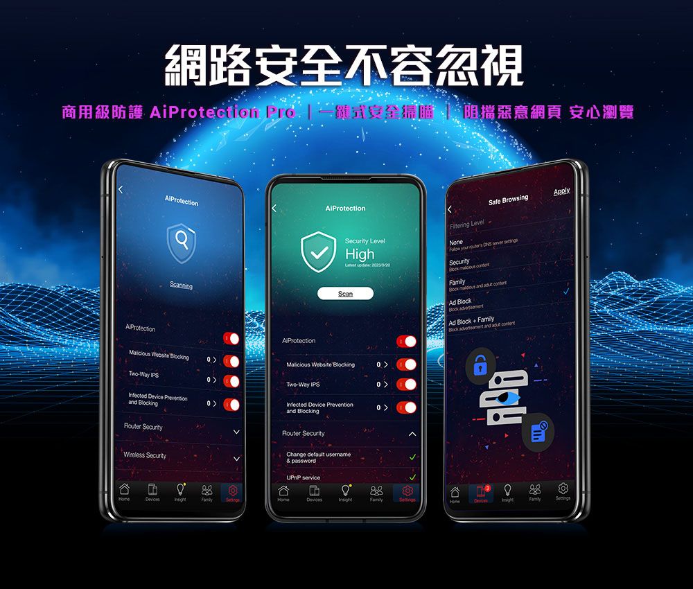 網路不容忽視商用級防護   安全阻擋惡意網頁 安心瀏覽iProtectionScanning Browsing Level-NoneSecurity LevelHigh  Scan your   Security     and  Ad Ad Block  Block  and  AProtectionA Protection Website   Website  -Way IPS Two-Way IPS Infected e PreventionInfected Device Prevention and Blocking and BlockingRouter SecurityWireless SecurityRouter SecurityChange default  password serviceHomeFamilyDevicFamily
