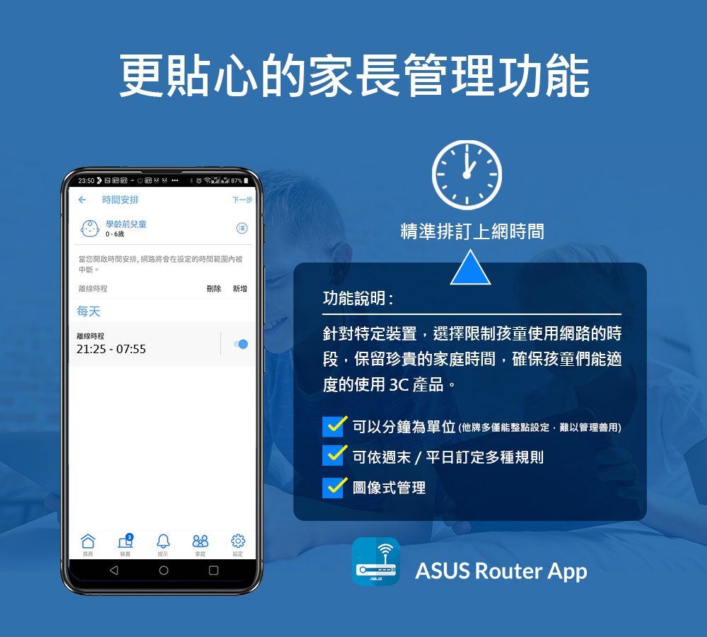 更貼心的家長管理功能2350時間安排學齡前兒童87 下一步當您開啟時間安排網路將會在設定的時間範圍中斷。離線時程每天離線時程21:25 07:55刪除 新增功能說明:首裝置提示:家庭精準排訂上網時間針對特定裝置,選擇限制孩童使用網路的時段,保留珍貴的家庭時間,確保孩童們能適度的使用 3C 產品。可以分鐘為單位(他牌多僅能整點設定,難以管理善用)可依週末/平日訂定多種規則圖像式管理ASUS Router App