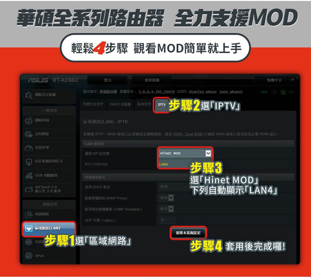 華碩全系列器 全力支援MD輕鬆步驟 觀看MOD簡單就上手 TAC66U登出新開機繁體中文:無線由器 版本: 3850470 SSID: Stanley phone June phonesApp網位址 DHCP伺服器 路由IPTV一般設定步驟2選IPTVR LAN) - IPTV若觀看 IPTV WAN 接口必須網際網路至 WAN-Dual WAN 以確認 WAN 接口是否 WAN 接口LAN 連接管理選擇ISP 設定 家長重路程式IPTV STB PortHinet MODLAN4步驟3USB 程式選Hinet MODAiCloud 使 DHCP 路由2.0下列自動顯示「LAN4啟動群播路由 (IGMP Proxy)停用進階設定(IGMP Snooping)停用 網路UDP代理()O「 區域網路(LAN)步驟選區域網路」套用本頁面設定步驟4套用後完成囉!