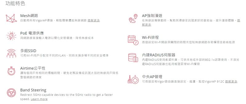 功能特色Mesh網路自動所有VigorAP連接簡單無線網路 PoE 電源供應用網路線直接輸入電源以簡化安裝環境降低佈線成本AP強制在無線設備移動時幫助其連線至更好的基地體驗排程透過設定-Fi與關的時間來控制無線網路存取並節省能源多組SSID可將Wi-Fi用戶分配至不同的VLAN同時支援多種不同的安全標準Airtime公平性讓每個用戶有相同的傳輸時間避免設備訊號太弱的無線用戶降低整個網路的速度Band SteeringRedirect 5GHz-capable devices to the 5GHz radio to get a fasterspeed. Learn more內建RADIUS伺服器内建RADIUS使用者資料庫,可供本地或外部的802.1x認證使用,不另建RADIUS伺服器也能用管理Wi-權限中央AP管理可透過Vigor路由器直接設定維護監控VigorAP  更多