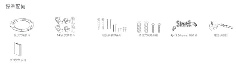 標準配備吸頂TRail 安裝吸頂安裝螺絲壁掛安裝螺絲組- Ethernet 網路電源供應器快速安装手册