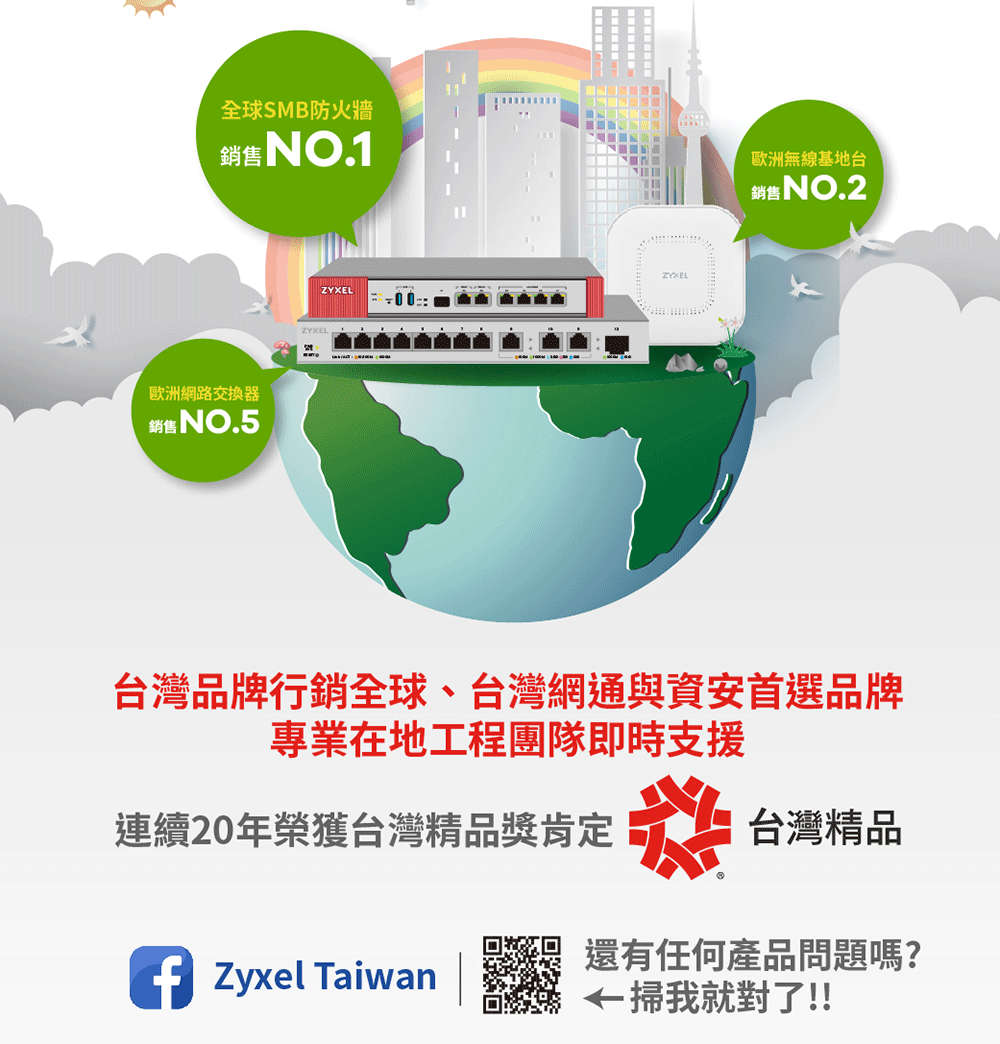 全球SMB防火牆銷售NO.1歐洲網路交換器銷售 NO.5ZYXELZYXEL歐洲無線基地台銷售NO.2台灣品牌行銷全球、台灣網通與資安首選品牌專業在地工程團隊即時支援連續20年榮獲台灣精品獎肯定糕台灣精品還有任何產品問題嗎? Zyxel Taiwan掃我就對了!!