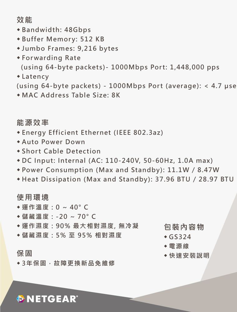 NETGEAR GS324 - 24埠1000M GIGA Ethernet Switch 高速交換式集線器