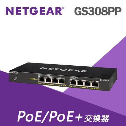 【電商限定】NETGEAR GS308PP 8埠 桌上型 Giga 1G PoE /PoE+交換器 隨插即用 (8個PoE供電埠.最高30W/埠)