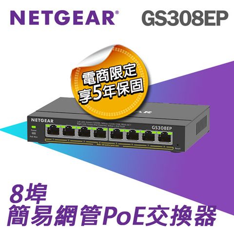 【電商限定】NETGEAR GS308EP 8埠 簡易網管交換器 總PoE瓦數 62W (五年保固)