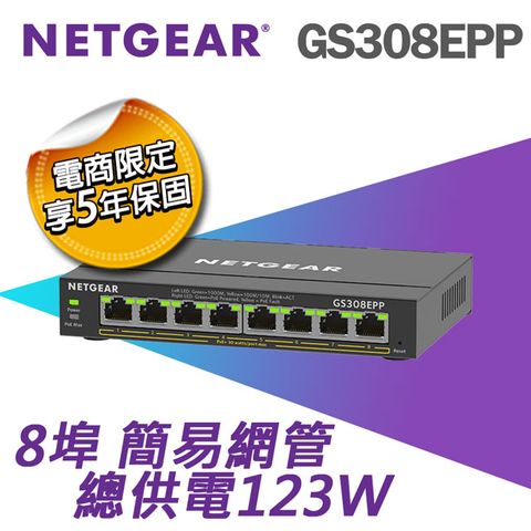【電商限定】NETGEAR GS308EPP 8埠Gigabit PoE+ 簡易網管交換器 總PoE瓦數 123W 五年保固