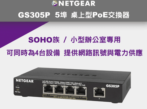 Netgear 網件 GS305P 1埠 Gigabit + 4埠PoE交換器 總PoE瓦數 63W