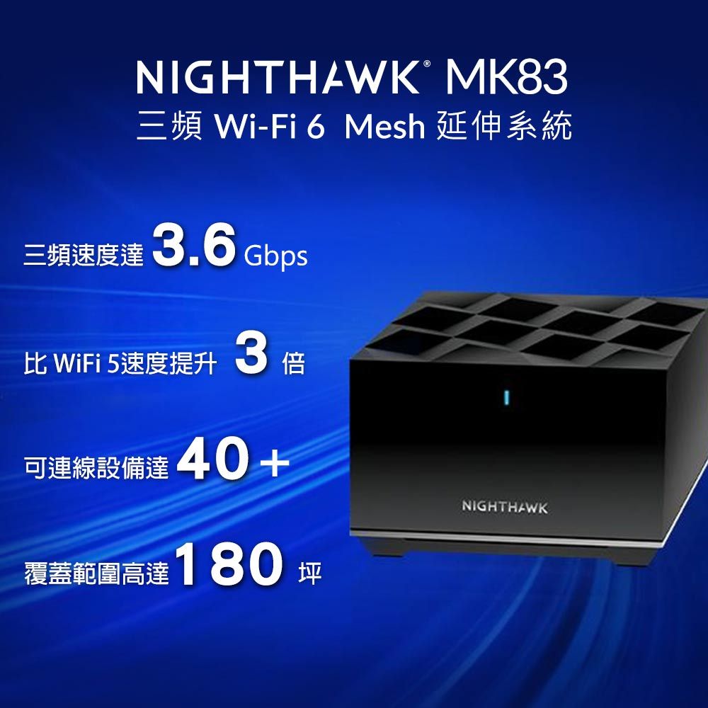 NIGHTHAWKⓇ MK83T Wi-Fi6 Mesh tΤTWt׹F3.6 Gbps3 WiFi 5t״ isu]ƹF40+л\d򰪹F180NIGHTHAWK