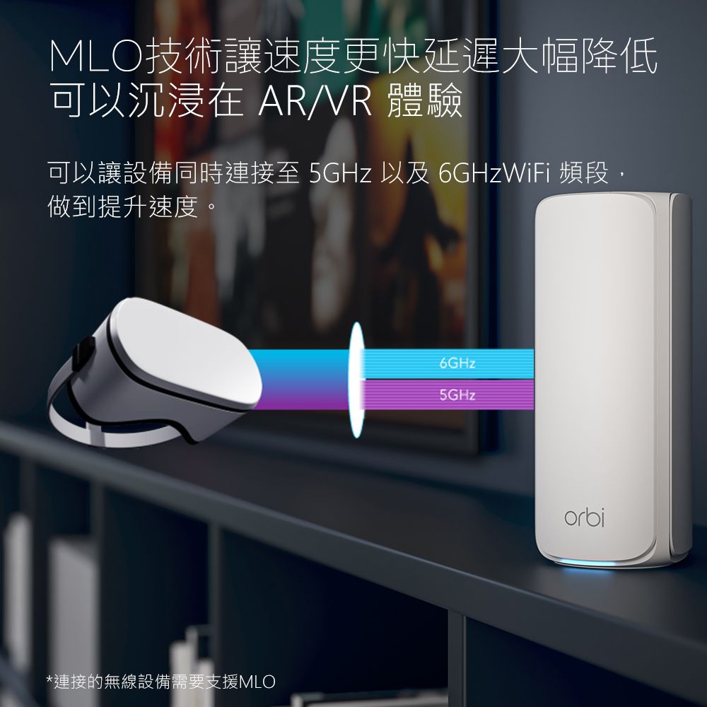 MLO技術讓速度更快延遲大幅降低可以沉浸在 AR/VR 體驗可以讓設備同時連接至 5GHz 以及 6GHzWiFi 頻段,做到提升速度。*連接的無線設備需要支援MLO6GHz5GHzorbi