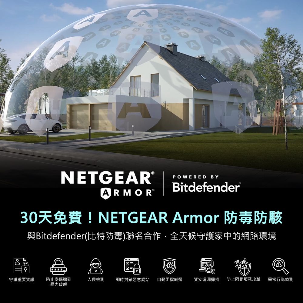 ANETGEAR®ARMORPOWERED BYBitdefender30天免費!NETGEAR Armor 防毒防駭與Bitdefender(比特防毒)聯名合作,全天候守護家中的網路環境守護重要資訊防止密碼遭到暴力破解入侵檢測即時封鎖惡意網站 自動阻擋威脅資安漏洞掃描 防止阻斷服務攻擊 異常行為偵測