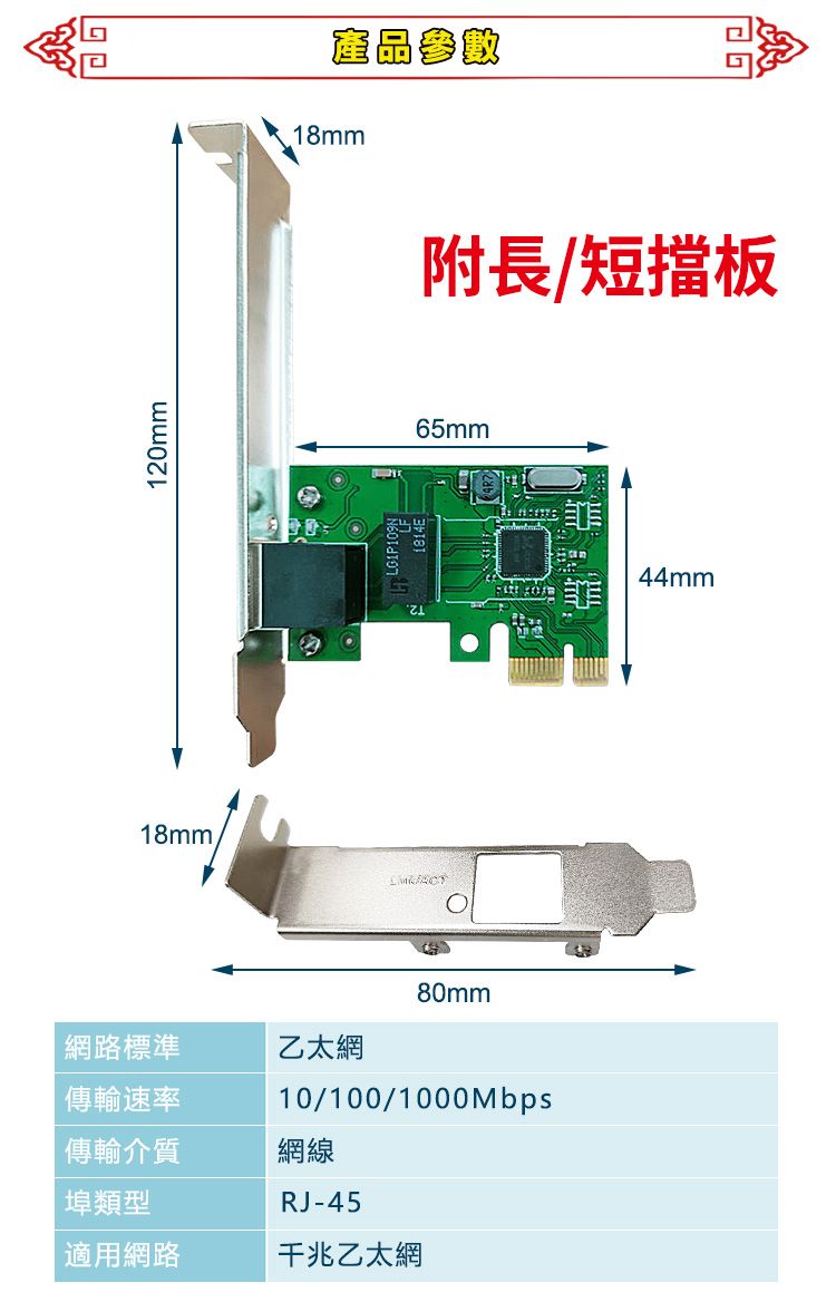 18mm120mm產品參數網路標準傳輸速率乙太網80mm10/100/1000Mbps傳輸介質網線埠類型RJ-45適用網路千兆乙太網附長/短擋板65mm44mm