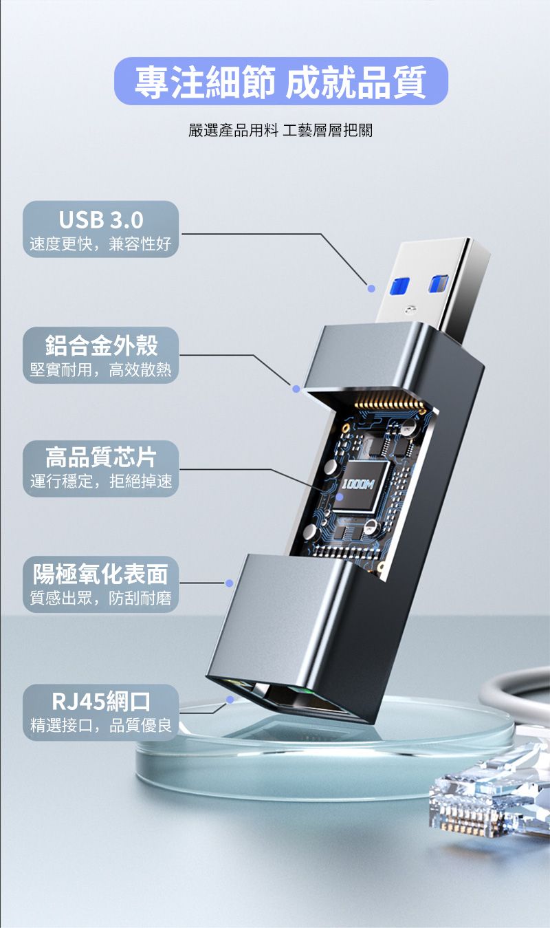 專注細節 成就品質USB 3.0速度更快,兼容性好鋁合金外殼堅實耐用,高效散熱高品質芯片嚴選產品用料工藝層層把關運行穩定,拒絕掉速1000M陽極氧化表面質感出眾,防刮耐磨RJ45網口精選接口,品質優良