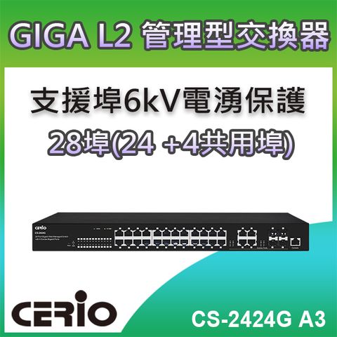 CERIO 智鼎 【CS-2424G_A3】4 埠SFP Gigabit + 24埠 10/100/1000M Gigabit 管理型網路交換器支援6kV surge protection on RJ
