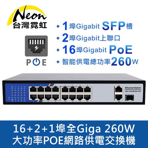 台灣霓虹 16+2+1埠全Giga 260W大功率POE網路供電交換機