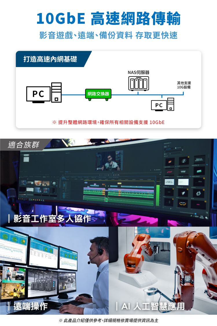 10GbE 高速網路傳輸影音遊戲、遠端、備份資料 存取更快速打造高速網基礎PC網路交換器適合族群NAS伺服器其他支援10G設備PC※ 提升整體網路環境,確保所有相關設備支援10GbE|影音工作室多人協作遠端操作 人工智慧應用※此產品介紹僅供參考,詳細規格依賣場提供資訊為主