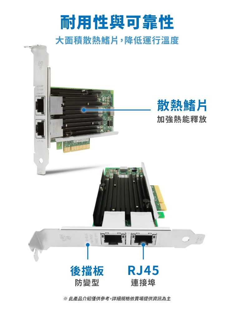 耐用性與可靠性大面積散熱鰭片,降低運行溫度散熱鰭片加強熱能釋放後擋板防變型RJ45連接埠※ 此產品介紹僅供參考,詳細規格依賣場提供資訊為主