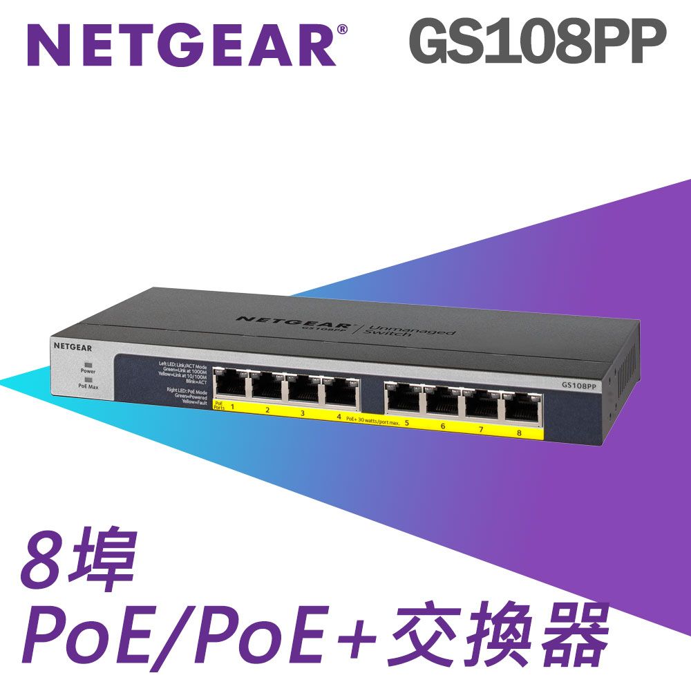 Netgear 網件  GS108PP 8埠 Giga無網管PoE/PoE+交換器