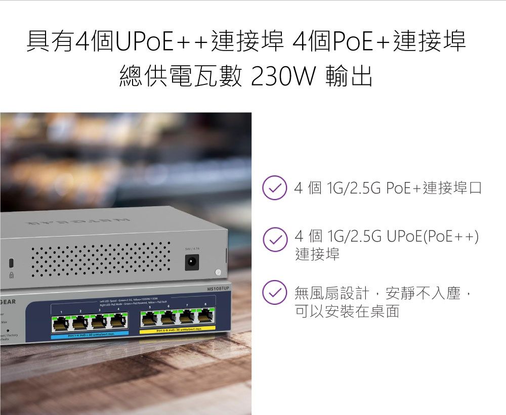 具有4個UoE++連接埠 4個oE+連接埠總供電瓦數 2W 輸出MS108TUP   P    P30 part 4 個 1G/2.5G PoE+連接埠口4 個 1G/2.5G UPoE(PoE++)連接埠無風扇設計,安靜不入塵,可以安裝在桌面
