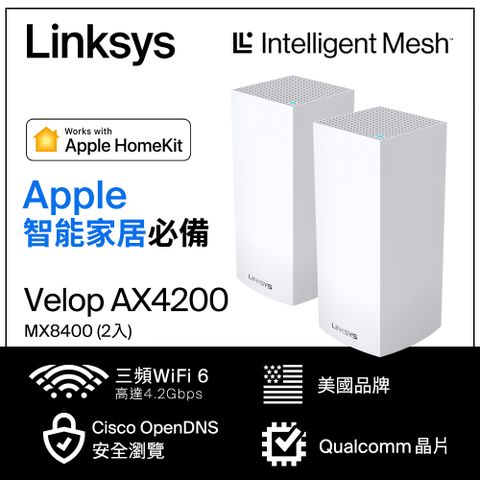 連線無死角透天、大坪數推薦！【Mesh WiFi 6】Linksys Velop 三頻 MX4200 Mesh Wifi(二入) 網狀路由器(AX4200)