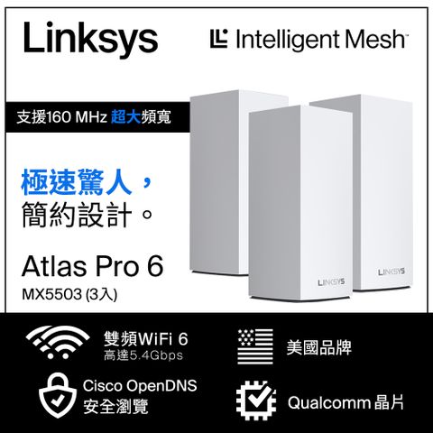 連線無死角透天、大坪數推薦！Linksy Atlas pro 6 雙頻 MX5503 Mesh Wifi(三入) 網狀路由器(AX5400)