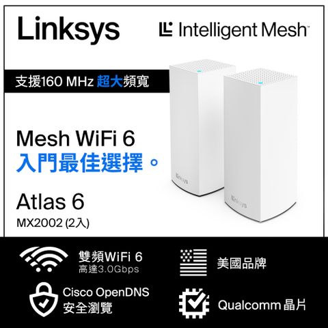 連線無死角透天、大坪數推薦！Linksys Atlas 6雙頻 MX2002 Mesh Wifi(二入) 網狀路由器(AX3000)