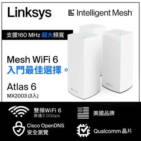 連線無死角透天、大坪數推薦！Linksys Atlas 6雙頻 MX2003 Mesh Wifi(三入) 網狀路由器(AX3000)