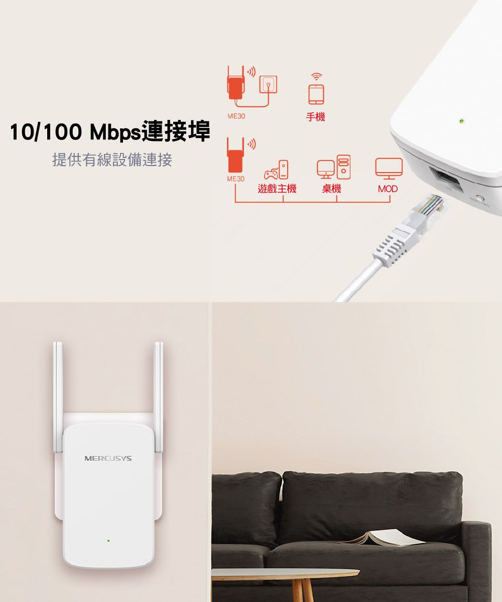 10/100Mbps連接埠ME30手機提供有線設備連接00ME30遊戲主機桌機MERCUSYSMOD