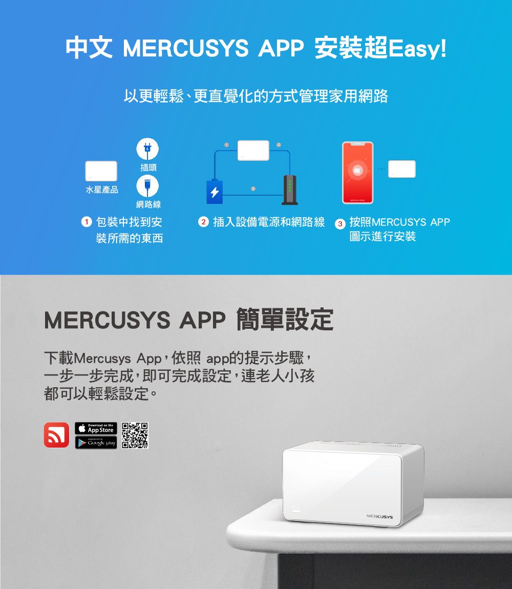 中文 MERCUSYS APP 安裝超Easy!以更輕鬆、更直覺化的方式管理家用網路插頭水星產品網路線包裝中找到安裝所需的東西 插入設備電源和網路線 按照MERCUSYS APP圖示進行安裝MERCUSYS APP 簡單設定下載Mercusys App,依照app的提示步驟,一步一步完成,即可完成設定,連老人小孩都可以輕鬆設定。  theApp Store playMERCUSYS